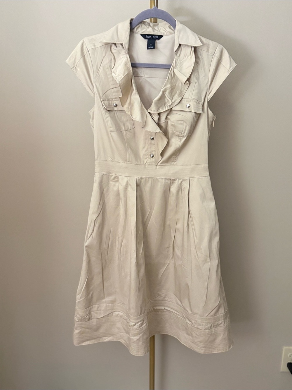 White House Black Market Khaki Ruffle-Front Cap Sleeve Dress, size 6